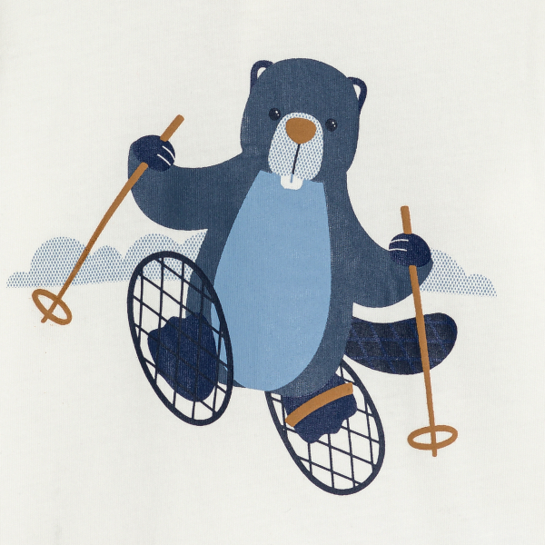 تيشيرت برقبة عالية وأكمام طويلة برسمة حيوان القندس باللون الأبيض للأولاد الصغار